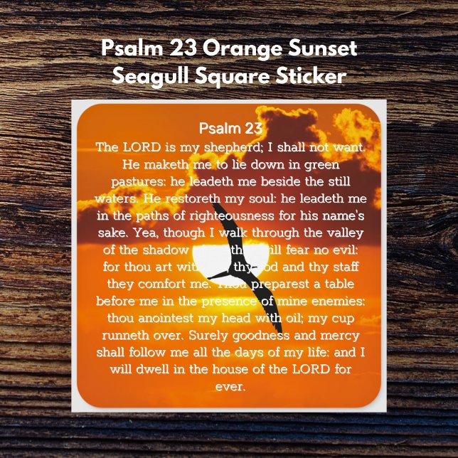 Psalm 23 Orange Sunset Seagull Square Sticker (Psalm 23 Orange Sunset Seagull Square Stickers)
