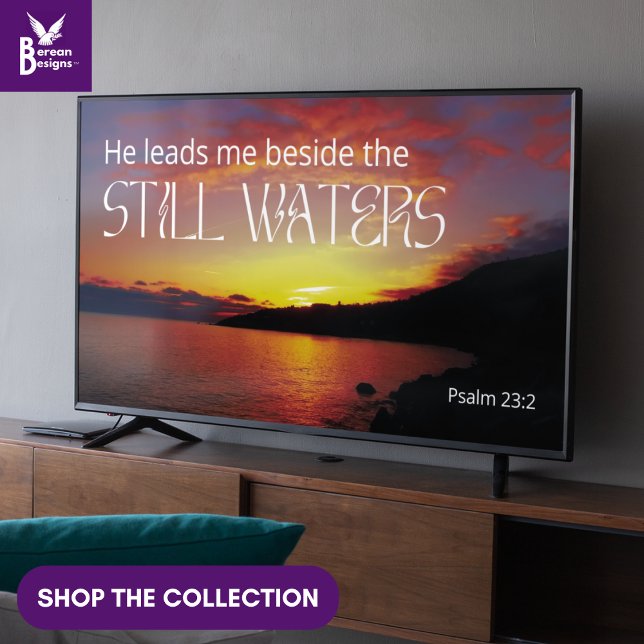 Psalm 23 STILL WATERS Christian Frame Art for TV  Poster (Christian Psalm 23 Still Waters wall art for display TV with peaceful seascape and Bible text.)