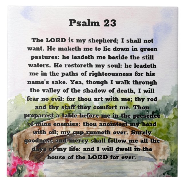 Psalm 23 Watercolor Bridge, pink flowers Ceramic Tile (Front)