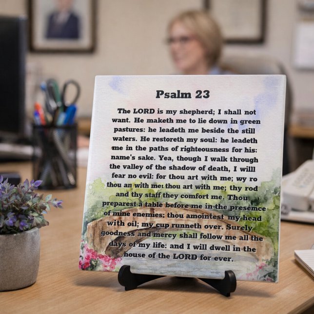 Psalm 23 Watercolor Bridge, pink flowers Ceramic Tile (Creator Uploaded)