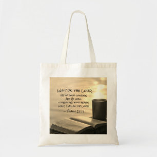 Psalm 27:14 Wait on the Lord, Bible Verse Tote Bag