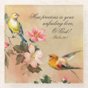 Psalm 36:7 Bible Verse, Vintage Birds and Flowers Glass Coaster