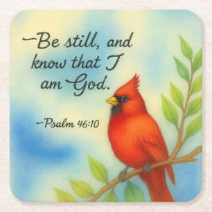 Psalm 46:10 Be Still Red Cardinal Scripture Nature Square Paper Coaster