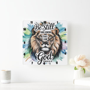 Psalm 46:10 Majestic Lion Inspirational Faith Square Wall Clock