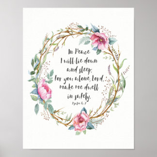 Psalm 4:8 Watercolor Wreath Poster