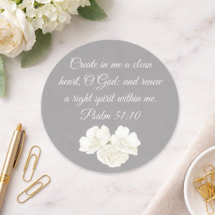 Psalm 51:10 Create In Me White Floral Christian Classic Round Sticker