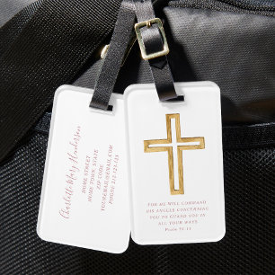 Psalm 91:11 Bible Verse Religious Cross Pink Scrip Luggage Tag