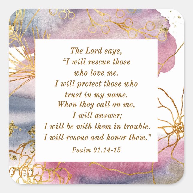 Psalm 91:14-15 The Lord says I Will Rescue Bible Square Sticker (Front)