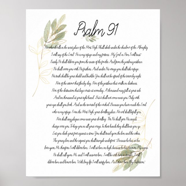 Psalm 91 Bible Art Soft Green Leaves Christian Poster (Front)