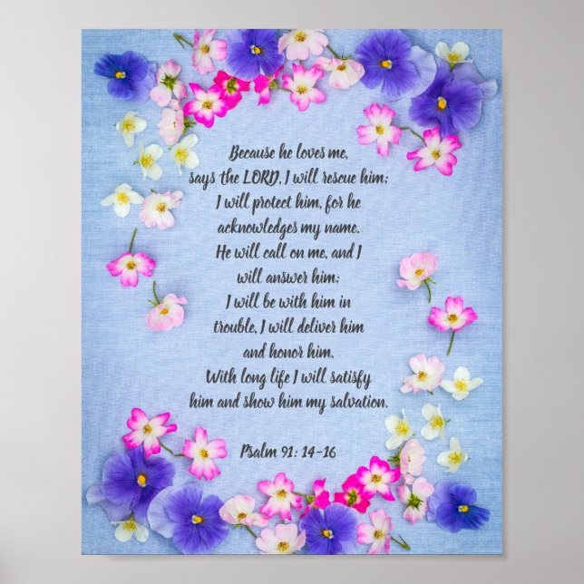 Psalm 91 on blue fabric with flowers, poster (Front)