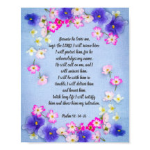 Psalm 91 on blue fabric with flowers, poster