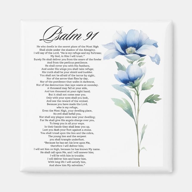 Psalm 91 Watercolor Blue Flower Bible Scriptures Magnet (Front)