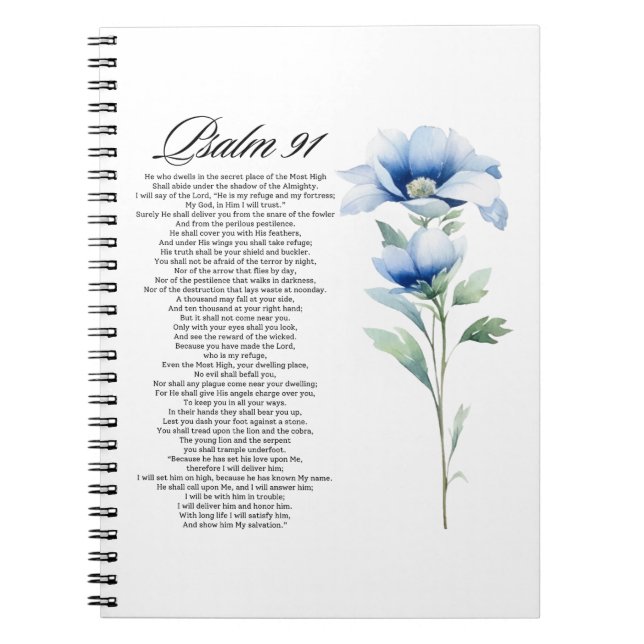Psalm 91 Watercolor Blue Flower Bible Scriptures Notebook (Front)