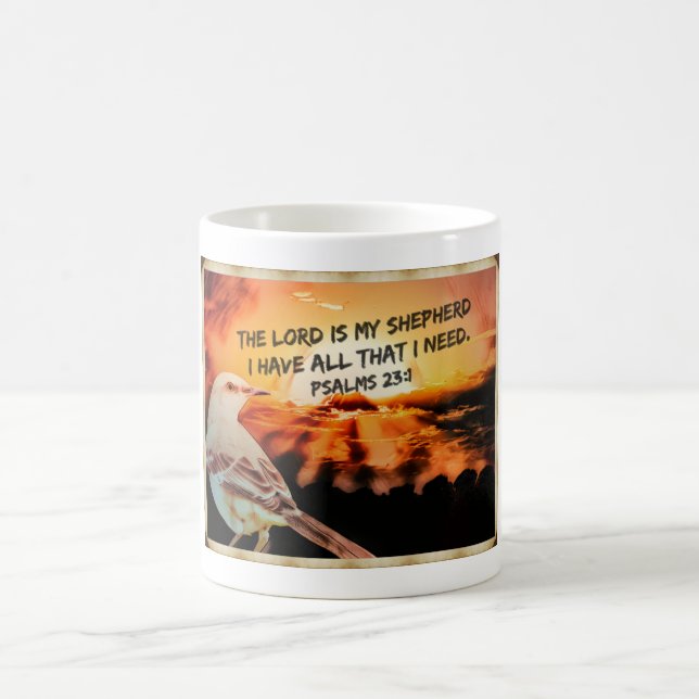 Psalms 23:1 Bible Verse With Mockingbird & Sunset Coffee Mug (Center)