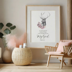 Psalms Watercolor Deer with Flowers Poster