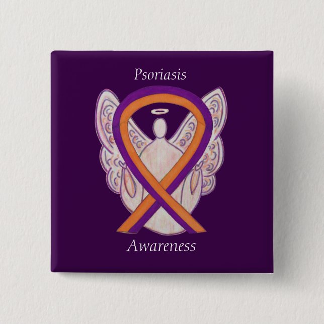Psoriasis Awareness Ribbon Angel Custom Pin Button (Front)