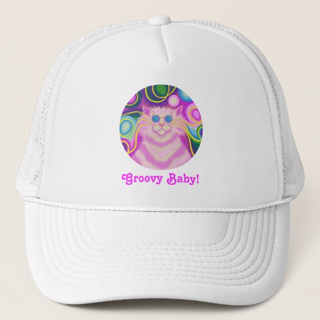 Psy-cat-delic Pink 'Groovy Baby!' trucker hat (Front)