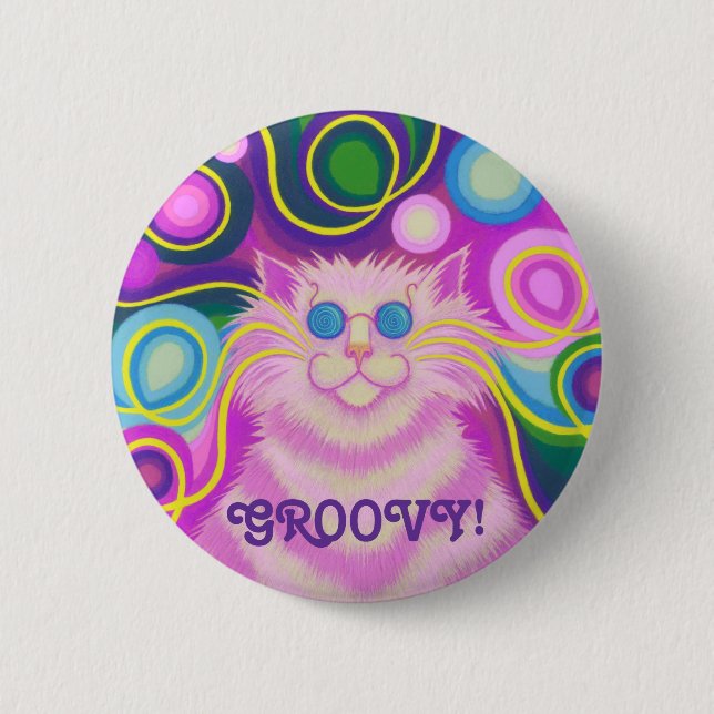 Psy-cat-delic Pink Groovy!' button badge (Front)