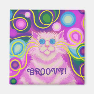Psy-cat-delic Pink 'Groovy' fridge magnet square