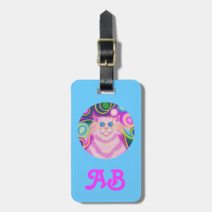 Psy-cat-delic Pink Round 'initials' luggage blue Tag