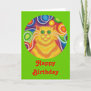 Psy-cat-delic round  'Happy Birthday' card green