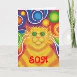 Psy-cat-delic 'Son' 'groovy birthday' card<br><div class="desc">Groovy baby! A yellow and orange striped cat with swirling whiskers and a psychedelic rainbow patterned background. Greetings card with a yellow, orange, red, blue, green, pink, purple, and white customizable design for you to personalise with your own text, images and ideas.An original digitally enhanced coloured pencil drawing by Jess...</div>