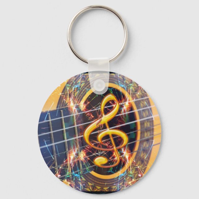 Psychadelic Accoustic Guitar, music sheet design Key Ring (Front)