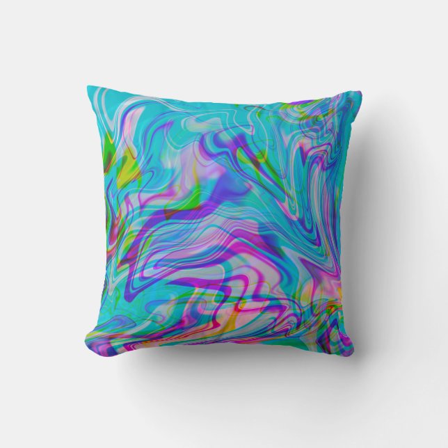 Psychadelic Liquid Colourful Abstract Pattern Blue Cushion (Front)