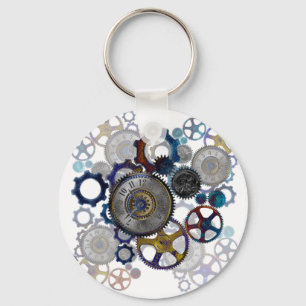 Psychadelic steampunk gears, cogs, clock face gift key ring