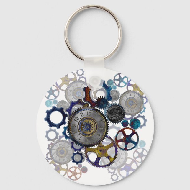Psychadelic steampunk gears, cogs, clock face gift key ring (Front)