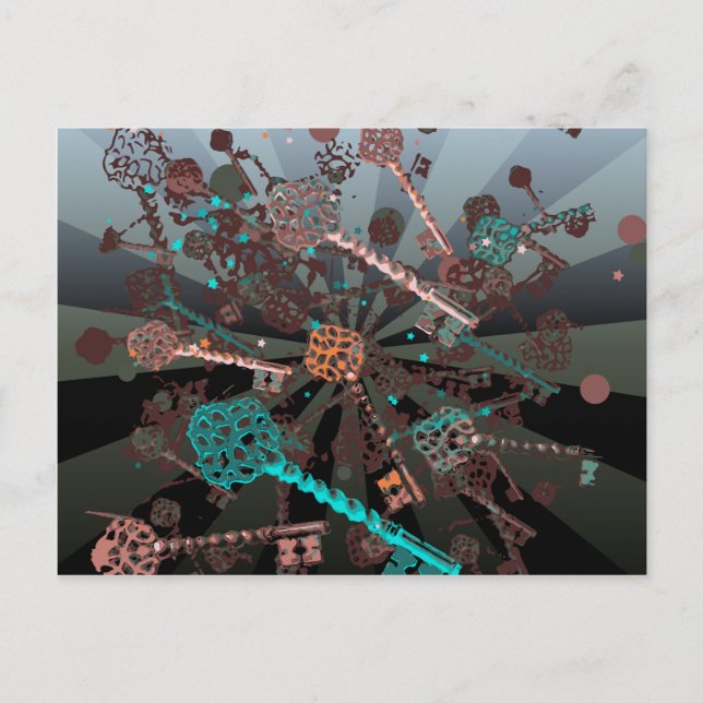 Psychadelic steampunk keys, rays, dark retro postcard (Front)