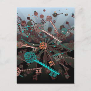 Psychadelic steampunk keys, rays, dark retro postcard