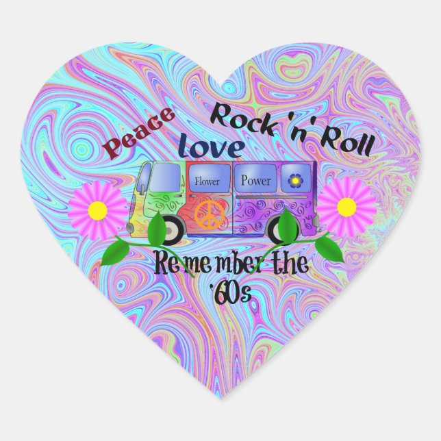 Psychedelic '60s--Peace, Love, Rock 'n' Roll Heart Sticker (Front)