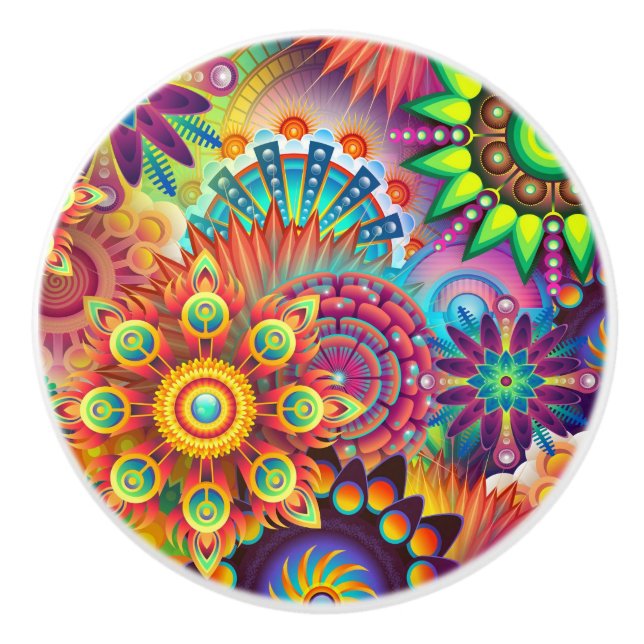 Psychedelic Abstract Colourful Floral Ceramic Knob (Front)