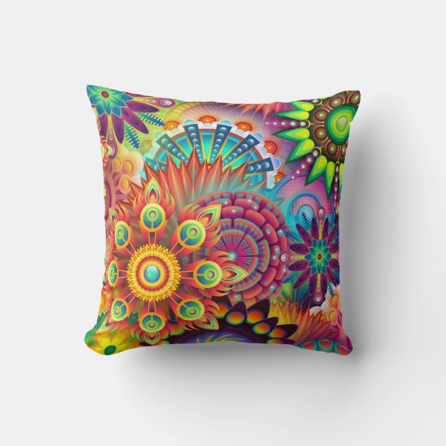 Psychedelic Abstract Colourful Floral Throw Pillow (Front)