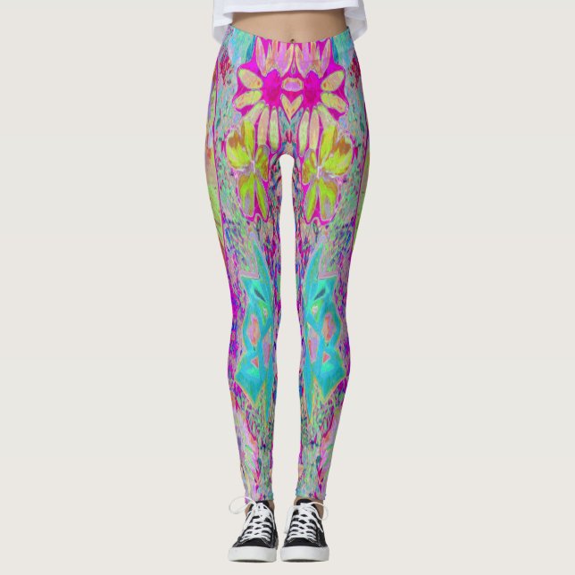 Psychedelic Abstract Magenta and Aqua Garden Art Leggings (Front)