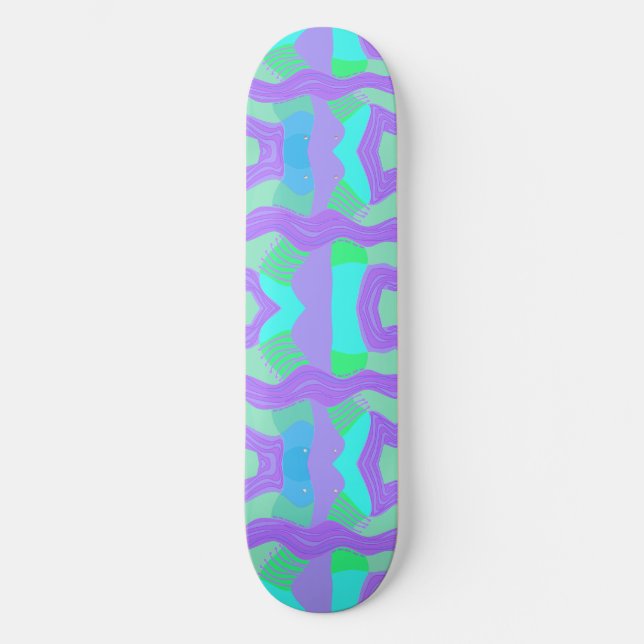 Psychedelic African Patchwork: Green Lilac Blue Skateboard (Front)