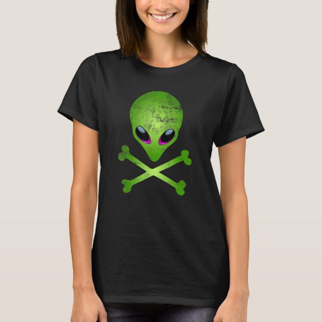 Psychedelic Alien Crossbones UFO Hunter's T-Shirt (Front)