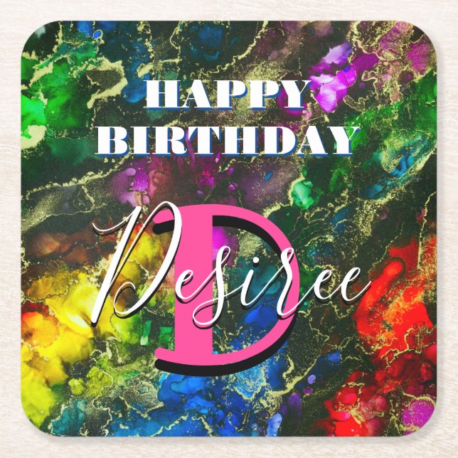 Psychedelic and Gilt Alcohol Ink Square Paper Coaster (Front)