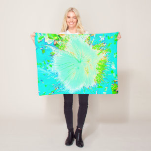 Psychedelic Aqua and Lime Green Milkweed Fleece Blanket