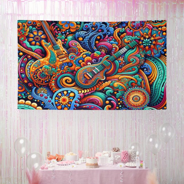 Psychedelic Batik Guitar Art–Colourful Retro Music Banner (Party)
