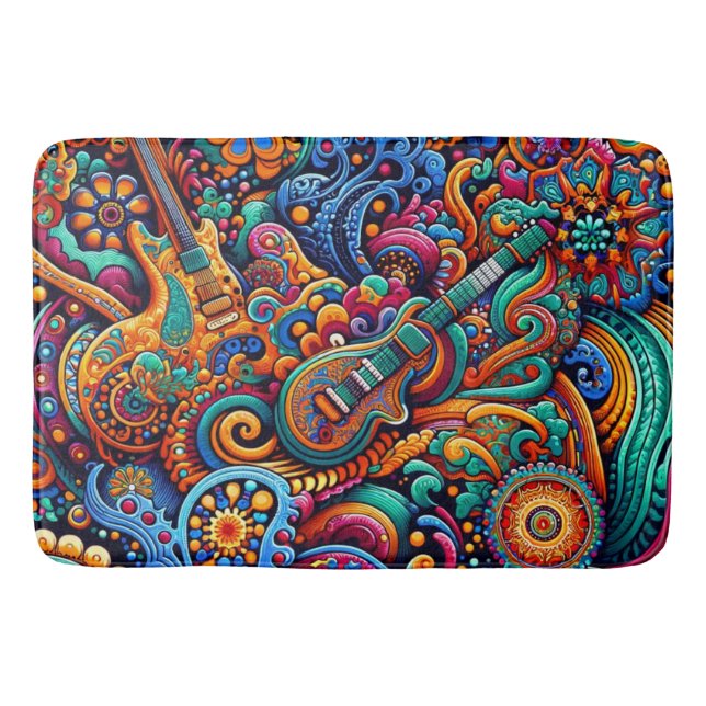 Psychedelic Batik Guitar Art–Colourful Retro Music Bath Mat (Front)