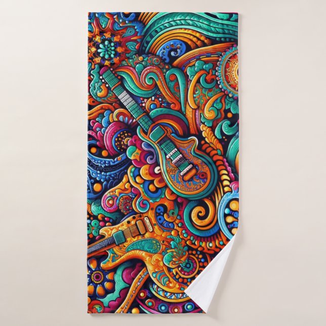 Psychedelic Batik Guitar Art–Colourful Retro Music Bath Towel Set (Bath Towel)