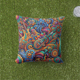 Psychedelic Batik Guitar Art–Colourful Retro Music Cushion