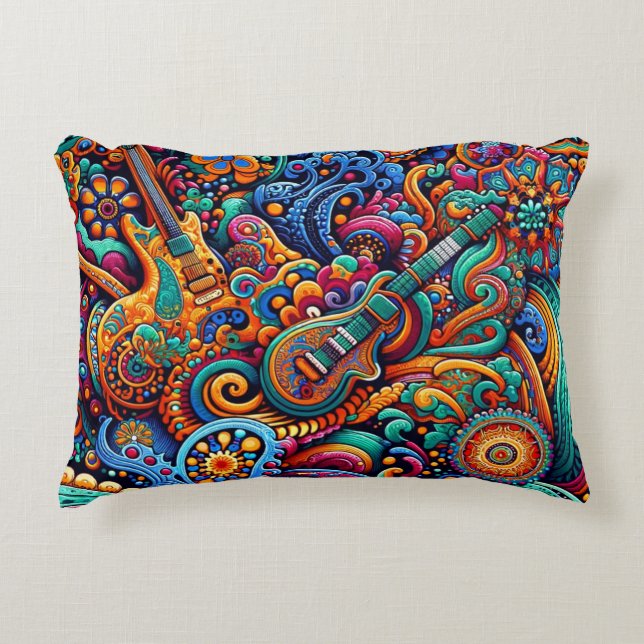 Psychedelic Batik Guitar Art–Colourful Retro Music Decorative Cushion (Front)