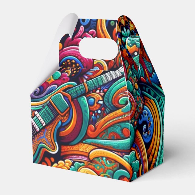 Psychedelic Batik Guitar Art–Colourful Retro Music Favour Box (Front Side)
