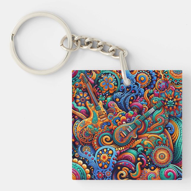 Psychedelic Batik Guitar Art–Colourful Retro Music Key Ring (Front)