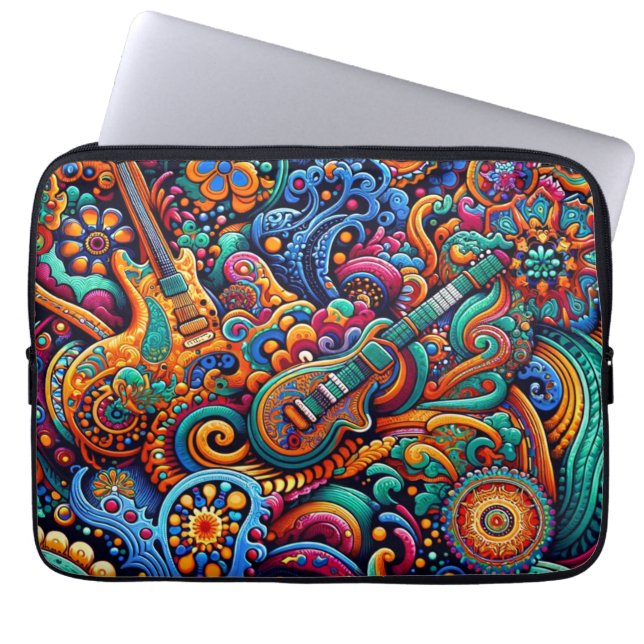 Psychedelic Batik Guitar Art–Colourful Retro Music Laptop Sleeve (Front)