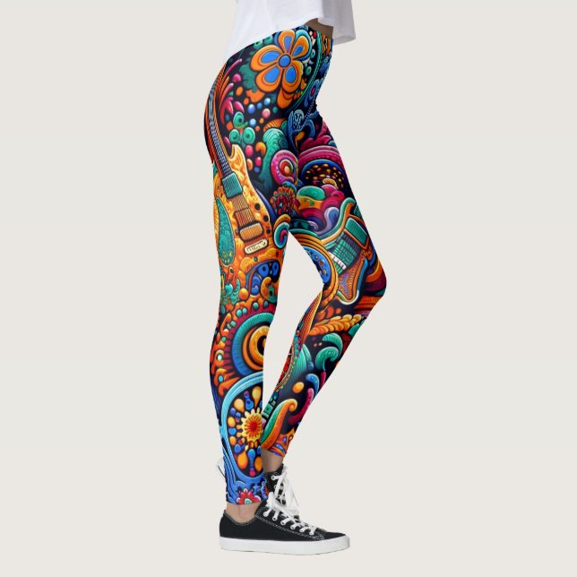 Psychedelic Batik Guitar Art–Colourful Retro Music Leggings (Right)