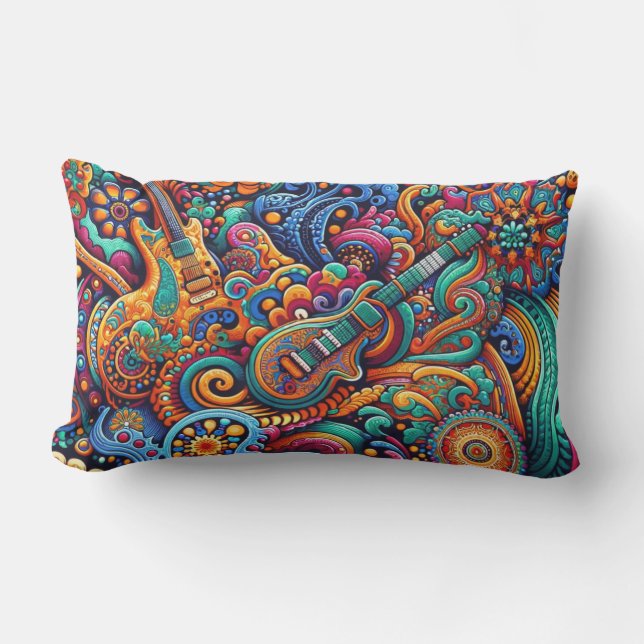 Psychedelic Batik Guitar Art–Colourful Retro Music Lumbar Cushion (Front)